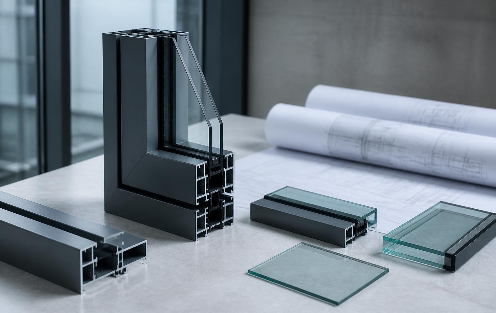 Steel finish samples and coating swatches arranged on a pale stone surface