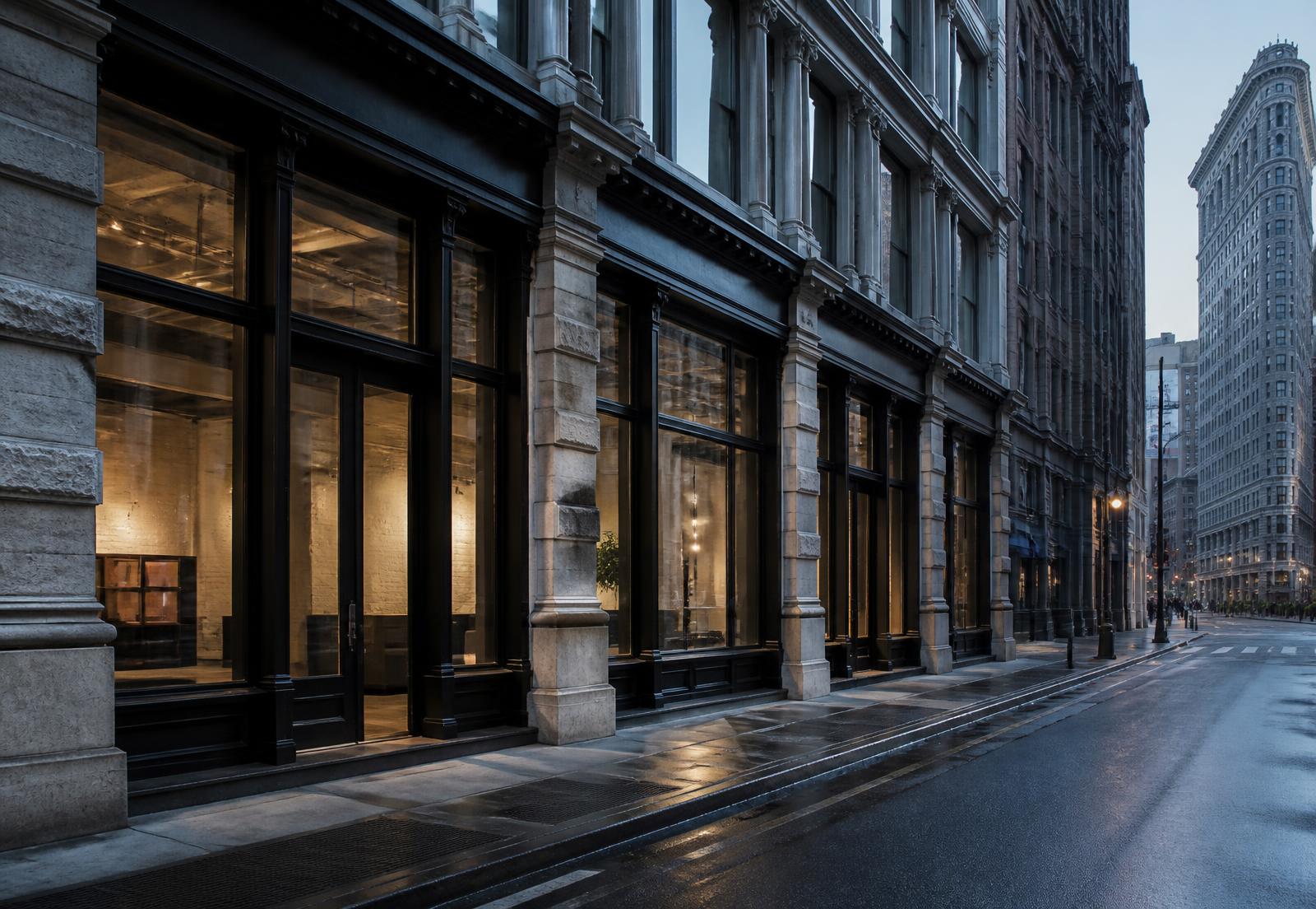 Slim black steel storefront with large glass bays at the base of a historic Flatiron District building